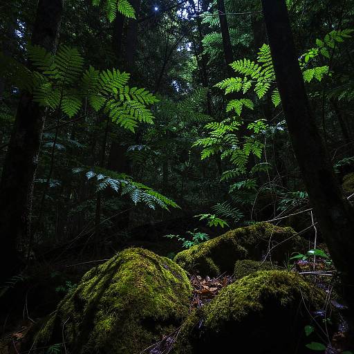 Photograph of a dense forest with vivid green fern leaves contrasting against dark, shadowy tree trunks and moss-covered rocks in the foreground.