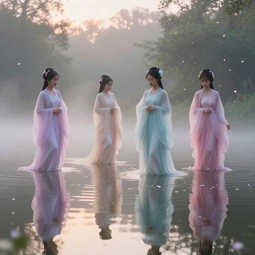 Photograph of four women in flowing, pastel-colored gowns standing in a misty, reflective lake, surrounded by trees at dawn.