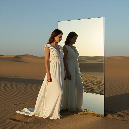 Photograph of a brunette woman in a white, sleeveless, V-neck gown standing in a desert, reflected in a rectangular mirror, with dunes