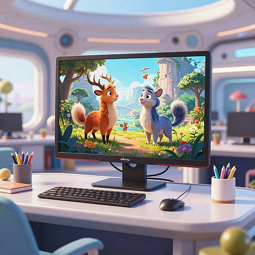 CGI image of a modern office desk with a monitor displaying animated deer and wolf characters in a vibrant forest scene. Desk has a keyboard, mouse,