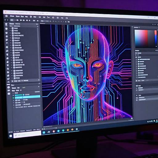 Photograph of a computer screen displaying a neon, cybernetic portrait with vivid blue, pink, and purple lines on a dark background, surrounded by