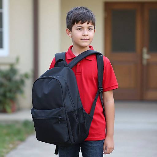Photograph of a young boy with short black hair, wearing a red polo shirt, blue jeans, and a black backpack, standing outside a wooden-door