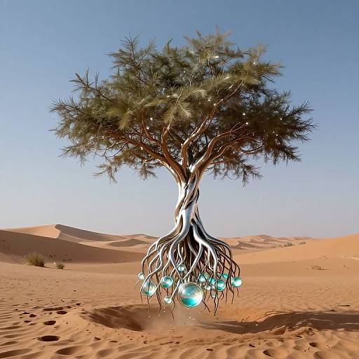 Digital artwork of a desert tree with glowing blue orbs hanging from its roots, set against a clear blue sky and sandy dunes.