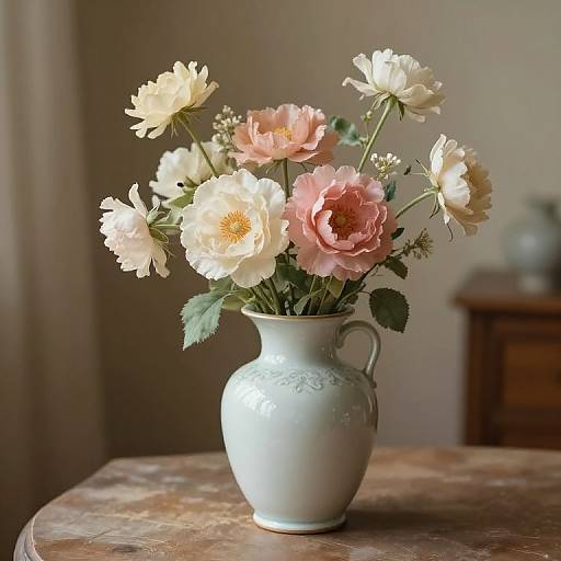Photograph of a white ceramic vase with pink and white carnations and green leaves, placed on a wooden table in a softly lit room.