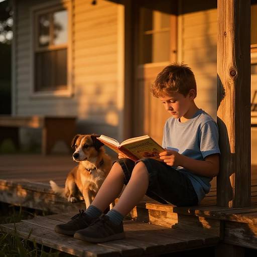 Boy Reading on Porch at Sunset