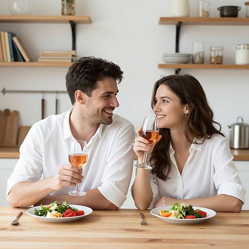Photograph of a smiling couple in white shirts, holding wine glasses, sitting at a wooden table with colorful salads in a bright, modern kitchen.