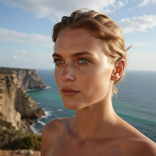 Photograph of a fair-skinned, blue-eyed woman with light brown hair, standing topless against a coastal cliff backdrop with clear blue sky and ocean