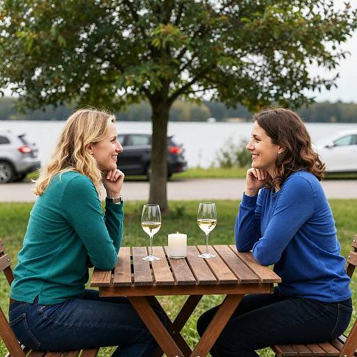 Two Friends Enjoying Wine Outdoors