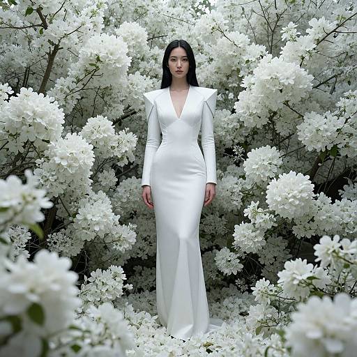 Photograph of a woman with long black hair in a white, long-sleeve, V-neck gown, standing amidst dense white blossoms.