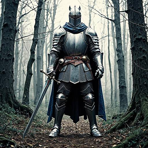 Medieval Knight in Full Armor Standing in Forest