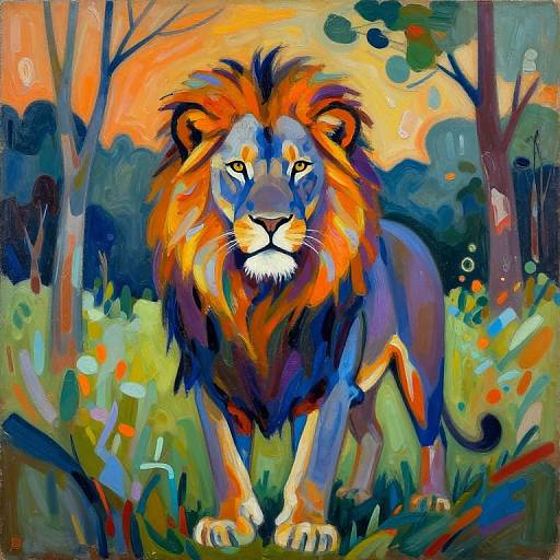Vibrant painting of a majestic lion with a colorful mane, standing in a lush, abstract forest. Bright oranges, blues, and greens dominate the
