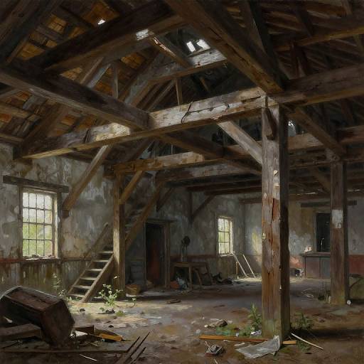Abandoned, dilapidated wooden barn with sunlight streaming through broken windows, exposed beams, scattered debris, and overgrown plants in the foreground.
