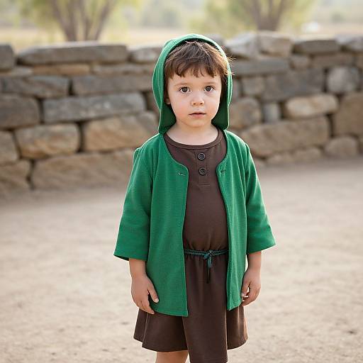 Photograph of a young boy with fair skin and brown hair, wearing a green hooded cardigan over a brown dress, standing in front of a