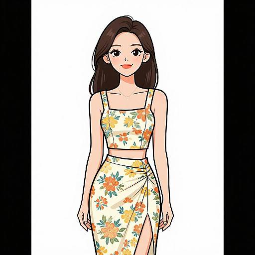 Digital illustration of an Asian woman with long black hair, wearing a floral crop top and matching high-waisted skirt, against a white background.