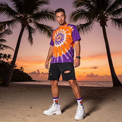 Photograph of a muscular man with short dark hair, wearing a tie-dye orange-purple shirt, black torn shorts, white sneakers, and colorful socks