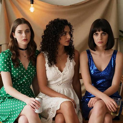 Three women sitting together in elegant dresses