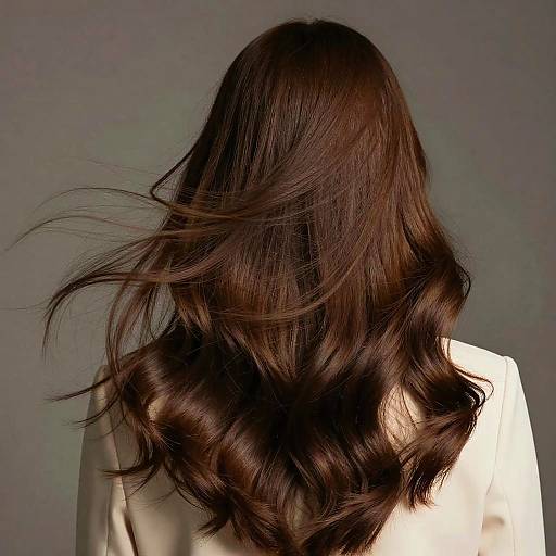 Photograph of a woman with long, flowing, dark brown, wavy hair, wearing a white jacket, against a gray background.