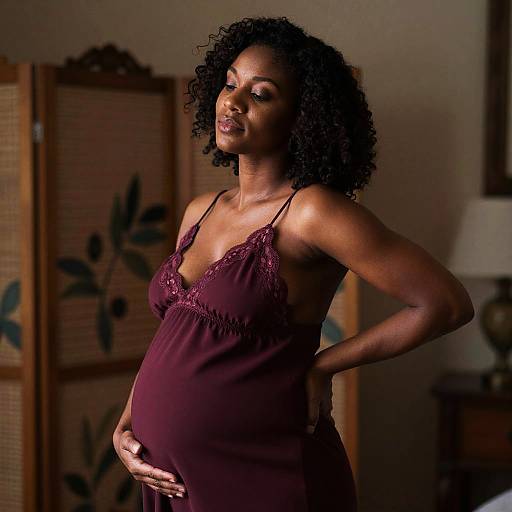 Photograph of a pregnant, dark-skinned woman with curly hair in a burgundy lace-trimmed nightgown, standing against a folding screen
