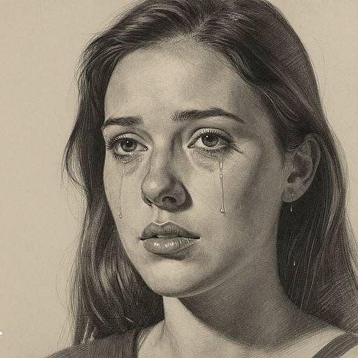 Black-and-white pencil drawing of a young woman with tears streaming down her cheeks, long dark hair, and a somber expression.
