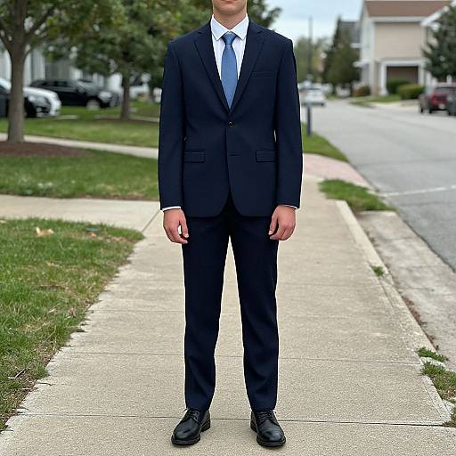 Photograph of a man standing on a suburban sidewalk in a dark navy suit, white shirt, blue tie, and black shoes. Background features grass,