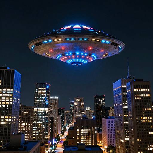 Photograph of a glowing, saucer-shaped UFO with blue and red lights hovering above a nighttime cityscape of illuminated skyscrapers.