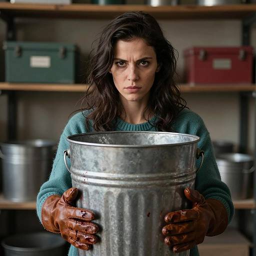 Intense Woman in Dim Industrial Setting