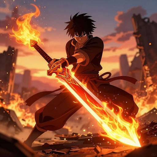 Epic Fire Sword Warrior Anime Scene