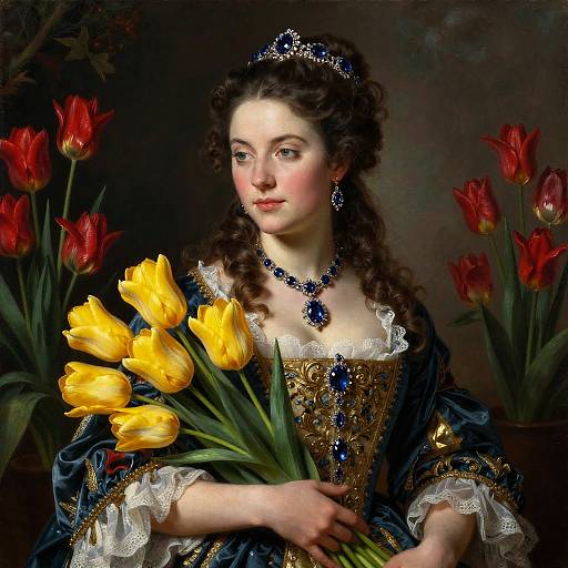 Baroque-style painting of a fair-skinned woman with curly brown hair, wearing a blue velvet dress with gold embroidery, holding yellow tulips, surrounded