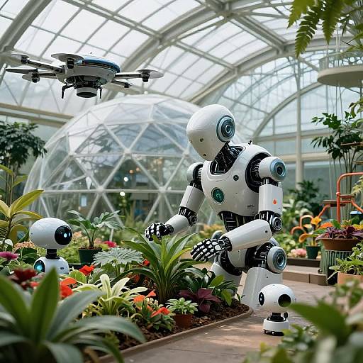 Photograph of a white, robot with blue eyes and black accents, standing in a glass-domed greenhouse with lush plants, a drone hovering above,