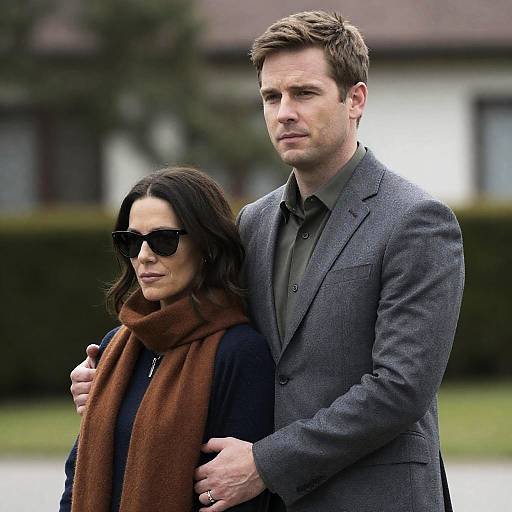 Photograph of a tall, handsome man in a gray suit standing protectively behind a woman with dark hair, black sunglasses, and a brown scarf,