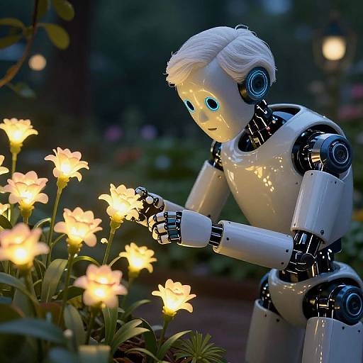Photorealistic CGI of a white, blue-eyed, humanoid robot gently touching glowing yellow daffodils in a dark, blurred garden.