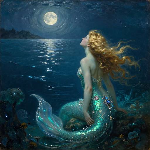 Digital art: Mermaid with flowing red hair, shimmering green scales, gazing at full moon under dark blue ocean, surrounded by coral.