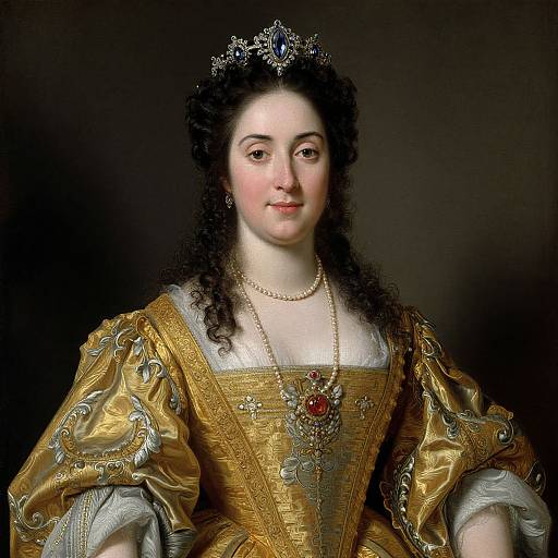 Photograph-style painting of a pale-skinned, dark-haired woman in a gold, ornately embroidered gown with puffed sleeves, pearl necklace, red