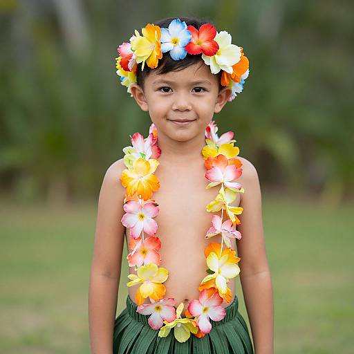 Photograph of a smiling young boy with dark hair, wearing a colorful flower crown and lei, and a green grass skirt, standing outdoors in a blurred