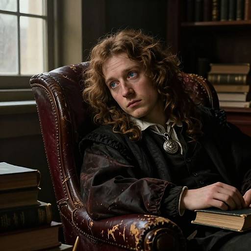 Photograph of a young man with long curly red hair, blue eyes, wearing a black shirt with a silver pendant, sitting in a worn leather arm