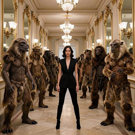 Photograph of a confident woman in a black sleeveless jumpsuit standing in an opulent hallway flanked by muscular, furry werewolf-like creatures.