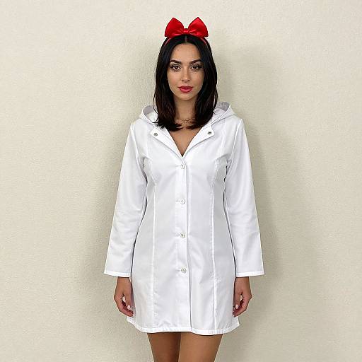 Photograph of a woman with straight black hair, red bow, white button-up coat dress, and red lipstick, standing against a plain white wall.