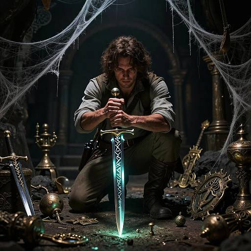 Dark-haired man with intense expression kneels, gripping glowing blue sword, surrounded by ornate weapons and spider webs in a dimly lit, medieval-style