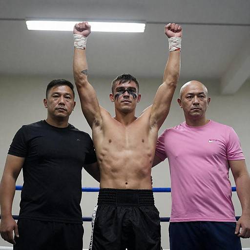 Victorious Boxer with Trainers in Boxing Ring