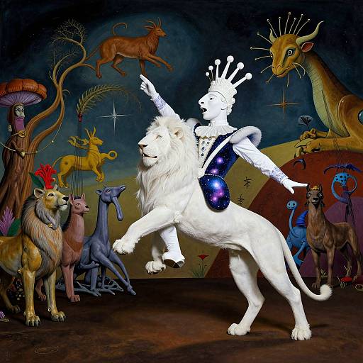 Digital artwork of a white lion dancer with a blue sphere, surrounded by colorful fantastical creatures and surreal background.