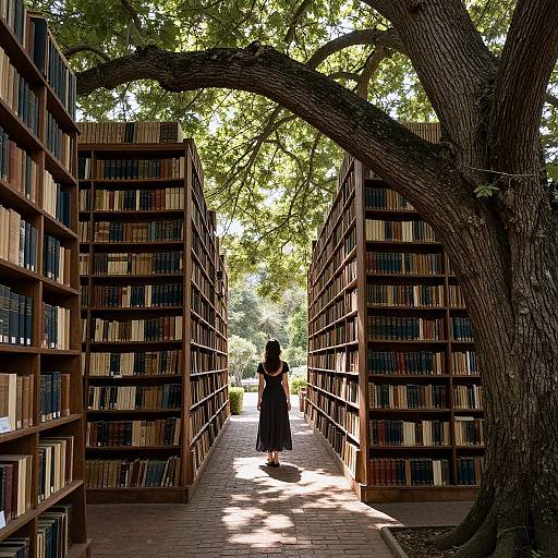 Photograph of a woman in a black dress walking down a sunlit library aisle flanked by tall bookshelves, with a large tree arching