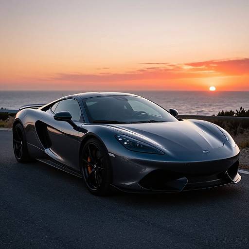 Photograph of a sleek, black sports car with shiny finish parked on a road at sunset, ocean and orange sky in background.