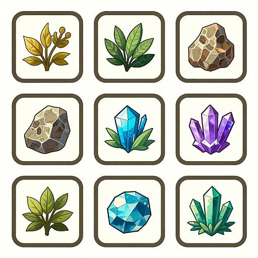 Digital illustration of nine colorful, geometrically-styled crystals and plants in square frames, showcasing variety in shapes, colors, and textures.