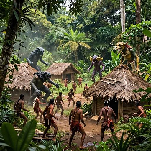 Photorealistic digital painting of a jungle village with topless, muscular men in loincloths fleeing from large, menacing, anthropomorphic monkeys attacking