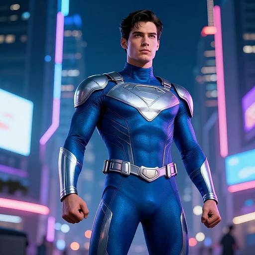 Neon-Lit Hero in Blue Silver Suit