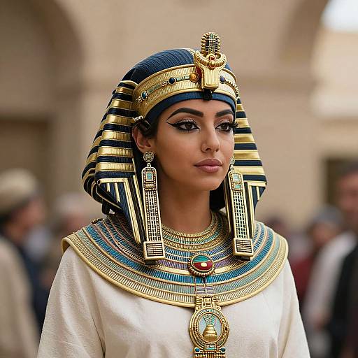 Photorealistic digital artwork of an Egyptian woman with dark skin, wearing a striped blue and gold headdress, gold and turquoise necklace, and white robe