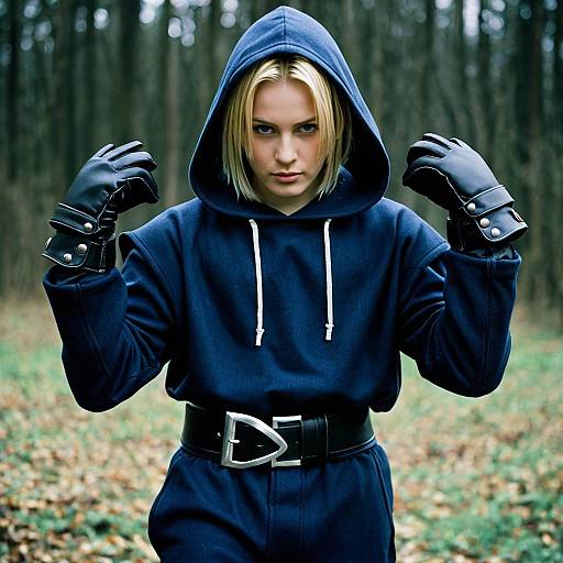 Blonde Woman in Blue Hoodie with Black Gloves