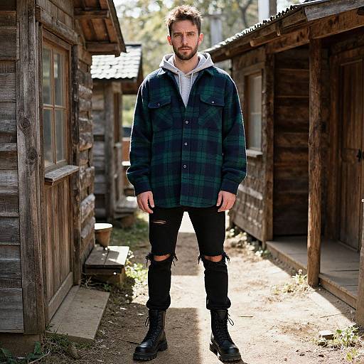 Photograph of a bearded man with short brown hair, wearing a plaid jacket, white hoodie, ripped black jeans, and black boots, standing