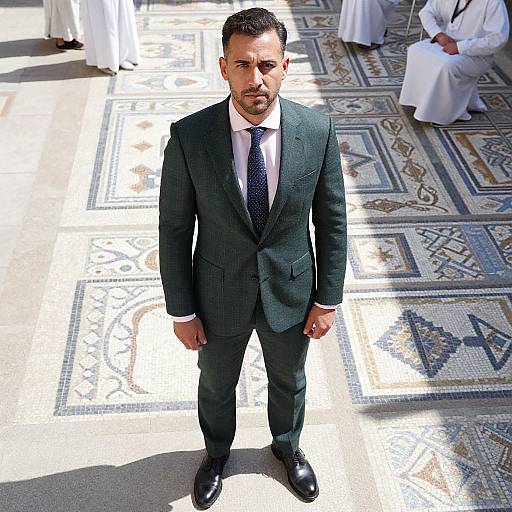Photograph of a serious, dark-haired man in a dark green pinstripe suit, white shirt, and black tie, standing on a sunlit