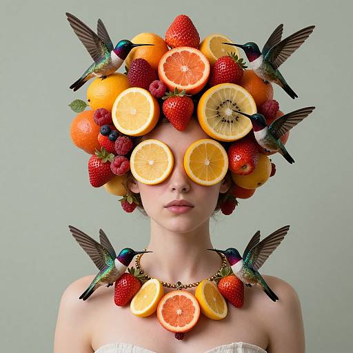 Photograph of a pale-skinned woman with a colorful fruit and bird headdress, featuring oranges, strawberries, kiwi slices, and hummingbirds.